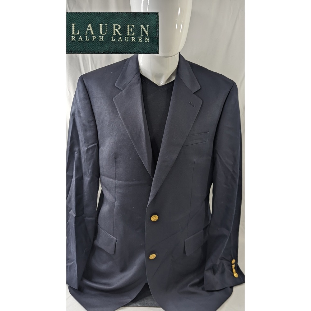 Excellent Ralph Lauren Blazer Sports Coat Wool Navy Gold Button Jacket 40L 42"‎